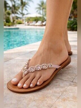 Mystique Boutique Premium100% Leather Pink Jeweled Sandals Handmade In Bali US 9